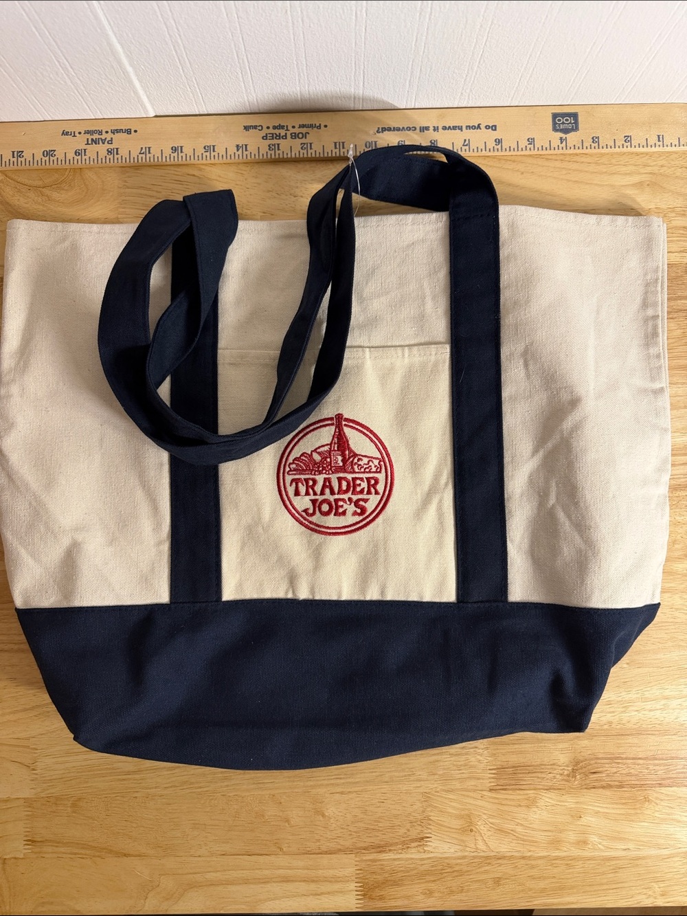 Trader Joe's Canvas Tote in Cream and Navy with Red Logo